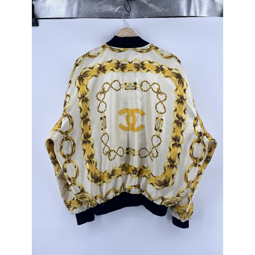 Vintage Chanel Silk Bomber Jacket Size M/L 80's Gold Chains Pattern - Picture 2 of 13
